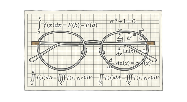 Ilustración grabada: gafas sobre una hoja de fórmulas